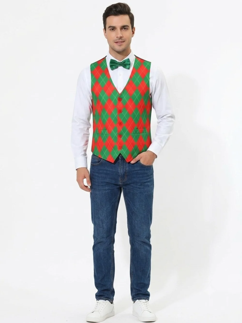Green & Red Argyle Vest with Matching Bow Tie NWOT Size XL P2P 23 In